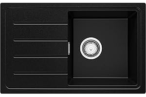 PRIMAGRAN Lavello da Cucina Nero 70x44cm, Lavandino in Granito a 1 vasca + Sifone Classico, Lavabo Incasso al mobile 45cm - Copenhagen Easy S019