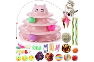 Suhaco 21 Pack Cat Toys for Indoor Cats Interactive Kitten Toy Fun Roller 3 Level Cats Ball Toys with Catnip Ball Self Play Cat Feather Wand Kitty Toy for Boredom (Pink)