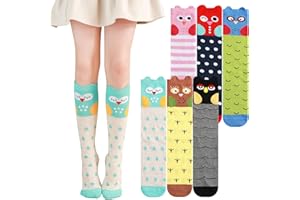 XEPST 6 par dziewczęcych podkolanówek - kolorowe kreskówkowe wzornictwo ciepłe bawełniane podkolanówki do połowy łydki skarpetki do butów zabawne skarpety do szkoły dziwne skarpetki dzień 3-12 lat