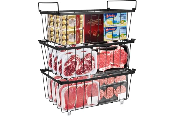 UHAPEER Frysorganisatör 3-pack: Stapelbara fryskorgar med handtag, 37x18x14,5 cm – 20% Stabilare ståltråd, luftcirkulation och platsbesparing för 215L stående frys