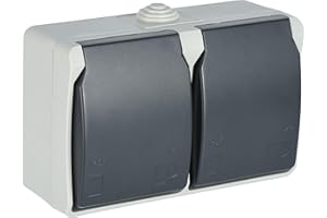 Electraline 605908 2 Schutzkontaktsteckdose 2-fach, mit Deckeln, Für den Außenbereich und Feuchträume geeignet, IP44 geschützt, Aquatop, Grau/Anthrazit