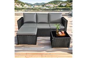 AOUXIN 3 Pieces Rattan garden furniture Patio Furniture Sets All Weather Outdoor Sectional Patio Sofa Manual Weaving Wicker Rattan Corner Sofa with Grey Cushions and Glass Table