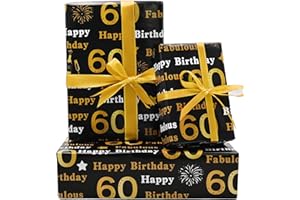 DXTXTJ 60th Happy Birthday Wrapping Paper,5Pcs 50 * 70cm Black Gold Wrapping Paper for Woman Men Birthday Decorations