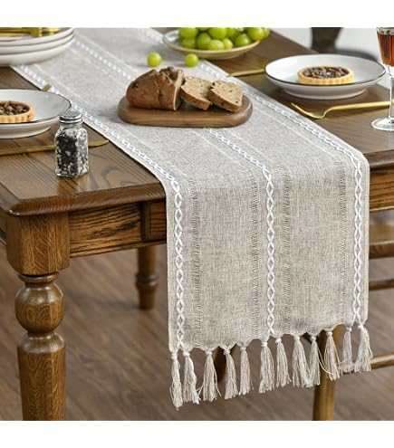 Runner da tavolo in macramè e pizzo all'uncinetto, 30 x 180 cm, beige, per matrimonio e tavolo da pranzo, con nappa