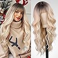 WOKESTAR Long Wavy Blonde with Highlights Wigs for Women, Heat Resistant Natural Hair with Fringe