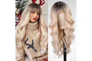 WOKESTAR Long Wavy Blonde with Highlights Wigs for Women, Heat Resistant Natural Hair with Fringe