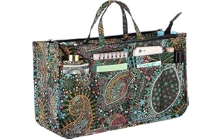 IGNPION Wkładka z nadrukiem, organizer do torebki, 13 kieszeni, rozszerzalna wkładka, torba, zapięcie na zamek błyskawiczny, organizer, torba na pieluchy z uchwytem, zielony kwiat