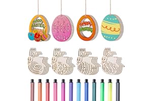 LIHAO 44 Tlg Holzanhänger Ostern Deko mit Schnur DIY Basteln zum Bemalen Holz Anhänger für Kinder Ostereier Osterhase(MEHRWEG)