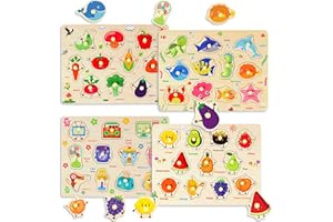 MELOFAVER Wooden Peg Puzzles for Toddlers, 4 PCS Toddler Puzzles Set-Fruits, Sea Animals, Home Appliances, Vegetables, Baby Puzzle Montessori Toys for 3 4 5 Years Boys Girls, Kids Preschool Learninng Toys Gift