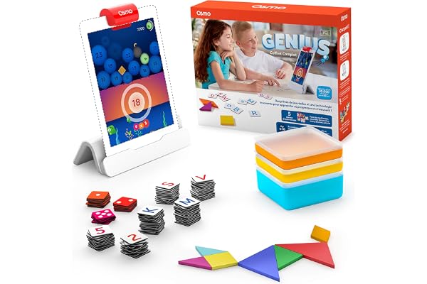 Osmo -Coffret complet Genius pour iPad -Genius Starter Kit -Âges 6-10ans -5 jeux d'apprentissage interactifs : maths, orthographe, art, physique,créativité et plus encore(base Osmo pour iPad incluse)