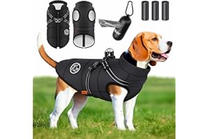 Lovpet® Manteau pour Chien avec Harnais, 45 Sacs à déjections Canines + Distributeur, Gilet d'hiver doublé imperméable rembourré avec Sangle de Poitrine, réflecteurs, Anneau en D, Taille 3XL, Noir