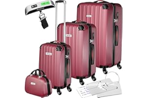 TecTake® Juego de 4 Maletas Rígidas con Báscula y Etiquetas de Equipaje, 3 Trolleys y 1 Neceser, Set de Maletas de Viaje con Ruedas de 360º, Cerradura de Combinación, Apilables Entre sí - Burdeos
