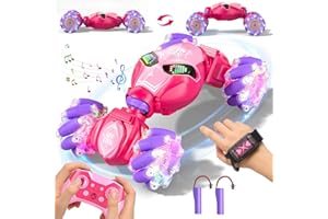 Sunrad Ferngesteuertes Auto für Kinder, 4WD RC Drift Stunt Car Ferngesteuertes Auto mit Handsteuerung,Doppelseitige Rotierende Off-Road Twist Car (Rosa deutsche Version)