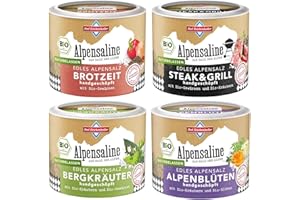 ‎BAD REICHENHALLER ALPENSALINE Bad Reichenhaller Alpensaline Edles Alpensalz Quartett 4er BIO Gewürz-Bundle | Brotzeit, Steak & Grill, Bergkräuter, Alpenblüten Gewürzmischung BIO-Zertifiziert, Naturbelassen, nachhaltige Verpackung