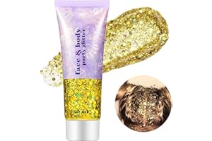 Go Ho Gold Face Body Glitter Gel 50ML,Singer Concerts Glitter Makeup,Holographic Long Lasting Chunky Sequins Glitters for Eye Lip Hair Nails,Festival Rave Accessories for Face Gems,02 Gold Glitter