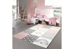 Teppich-Traum Dywan do pokoju dziecięcego, dywan do zabawy, tęcza, kropki, serduszka, różowy, szary, kremowy, wymiary 160 x 230 cm