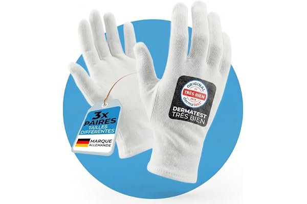 LAVAMED Gants coton dermatologique (Dermatest: Excellent) gants blancs pour eczema, gants hydratant main - antistatique - homme/femme - gants en coton de qualité supérieure (3 paires, M)