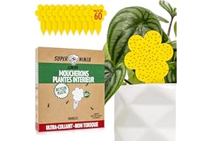 Super Ninja Anti Moucherons Intérieur Plantes, 60 Pièges Jaunes Collants Non Toxiques, Anti Moucheron Terreau et Mouche de Terreau, Piège Moucherons Ultra Efficace Jusqu’à 3 Mois