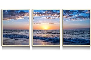 hyidecorart Cadre en Bois Tableau Decoration Murale Salon, Tableau Moderne Toile Coucher De Soleil Plage Mer Nature Paysage Impression Sur Toile, Decoration Murale Chambre Salle De Bain Cuisine