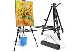 VAIIGO Chevalet de Peinture, 155cm chevalet mariage, Chevalet d'artiste pour peinture, métal réglable Chevalet et Tablier, Sac portable, Seau pliant, Palettes(Noir)