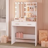 Hzuaneri Vanity with Bulb, Makeup Table, White | Makeup Vanity with 4 Open Shelves and 2 Compartments 2 Drawers Bedroom Livin