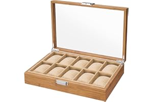 REODOEER READAEER Watch Holder Box, MDF Solid Textured Bamboo Wood Watch Case, Dustproof Watch Case With Crystal Clear Glass Display Window, Soft Removable Cushion, And Stylish Metal Lock Clip.