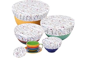PHOGARY 5 coperture per alimenti, riutilizzabili, in tessuto, con elastico, coperchio estensibile, in tessuto impermeabile, per ciotola in vetro alato, Motivo di Fiori Secchi
