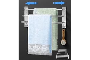 Mivcinn Towel Rail Wall Mounted (37-70CM)14.6-27.6inch SUS304 Stainless Steel Towel Holders Self Adhesive 3-Tier Towel Rack with 2 Hooks Towel Shelf Bar Adjustable Towel Rack for Bathroom Kitchen
