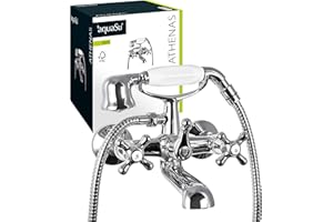 AquaSu 76802 3 bateria dwuuchwytowa Athenas do wanny z zestawem prysznicowym, chromowana, kran, bateria wannowa