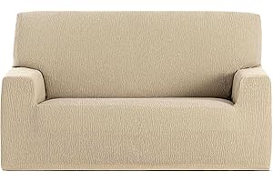 GFD - Funda de Sofá Lisa Ajustable 2 Plaza 120-170cm, Funda Protectora Cubre Sofá Elástica Antimanchas Lavable, Fundas Cubre Sofá Duradera Perros Gatos Mascotas (Beige, 2 plazas)