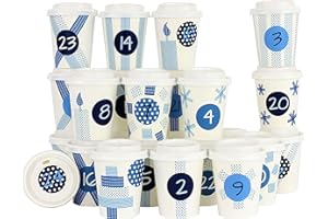 Papierdrachen Tasses à café du Calendrier de l'Avent DIY - à Faire et à remplir soi-même - avec washi Tape Bleu - 24 Tasses à café à emporter - Design Set 2