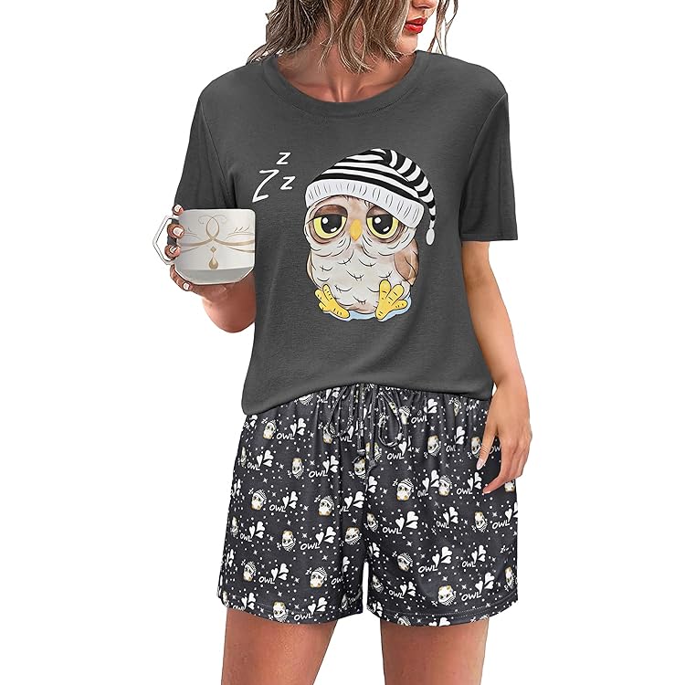 Aseniza Damespyjama, katoen, lange mouwen, kanten kraag, nachtkleding, oversized, 2-delig, met zakken en trekkoord, Donkergrijs, M