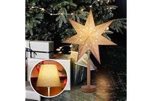 ‎SALCAR SALCAR LED Tischlampe mit Weihnachtsstern, 3D Adventsstern beleuchtet aus Papier mit Holz-Sockel / E14 Lampe, Weihnachtsdeko Tisch mit Wechselschirm, 45cm Papierstern Weiß und Lampenschirm Warm