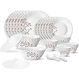 Larah by Borosil Red Bud Silk Series Opalware Dinner Set | 35 Pieces for Family of 6 | Microwave & Dishwasher Safe | Bone-Ash