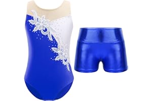 ranrann Enfant Fille Justaucorps Gymnastique Short Paillette Brillant Strass sans Manche Leotard Gym Métallique Tenue Patinage Artistique Costume Spectacle 5-16 Ans