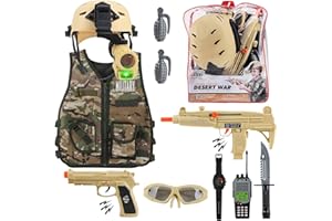 deAO Déguisement Militaire Enfant – Costume Soldat Garçon Camouflage Désert avec Casque, Gilet, Grenades, Talkie-Walkie et Sac à Dos de Rangement Jouet de Rôle et Cadeau Garçon 3+ Ans