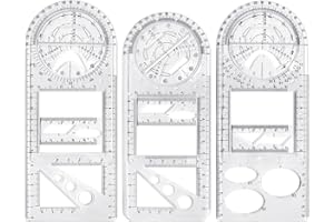Hioph Geometric Ruler, 3 Pcs Multifunctional Drawing Ruler Tool, Durable Geometric Template Measuring Tool for School Office Supplies (Clear)