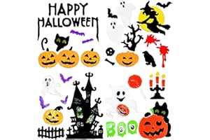 YLAB Pegatinas de gel para ventanas de Halloween, 4 hojas de pegatinas de gel espectral para ventanas, espejos y vidrio, fantasmas, calabazas, casa encantada, bruja, murciélagos y más, decoraciones