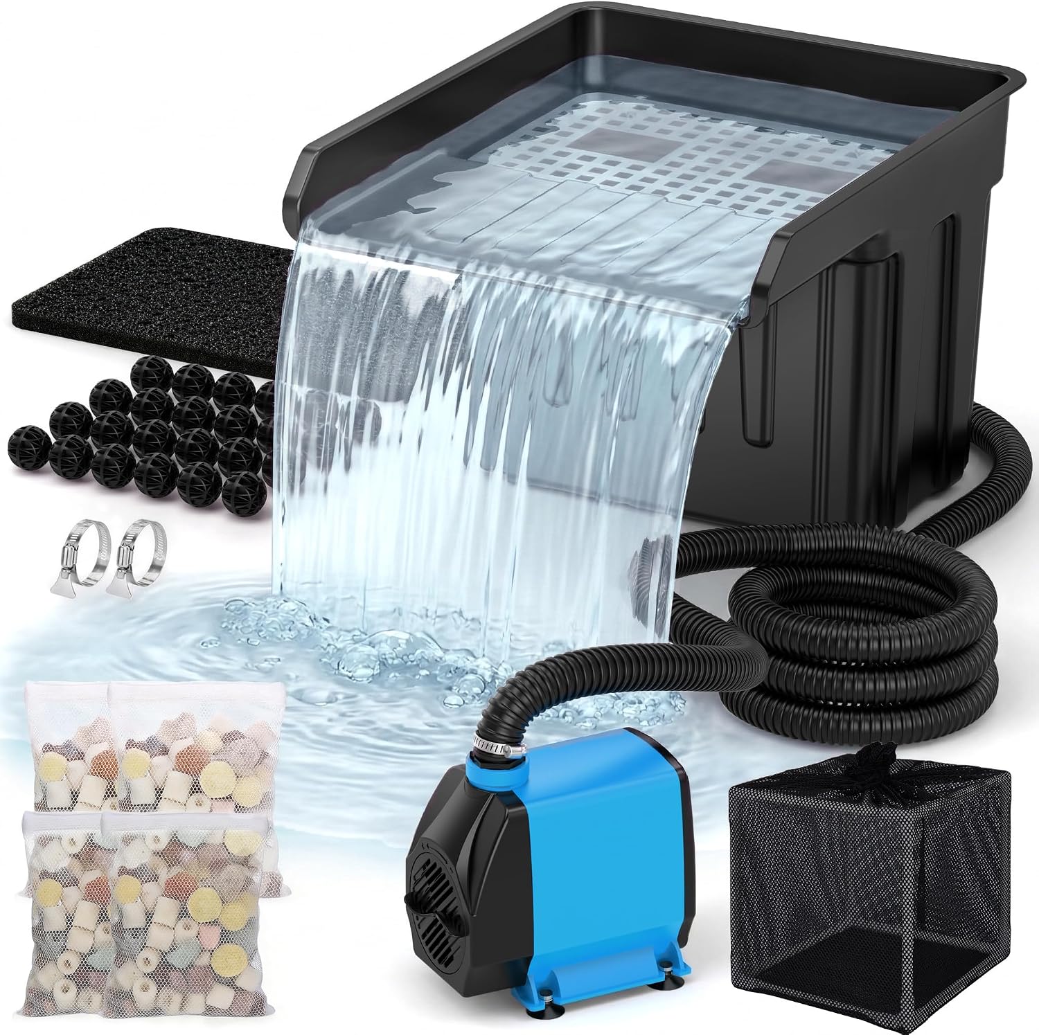 Pond Waterfall Spillway Kit, Pond Waterfall Filter with 3700L/h Quiet Pond Pump & Filter Cage, 4m Corrugated Tubing, Filter Media for Outdoor Ponds up to 11300L
