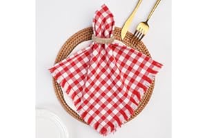Dololoo Red and White Checkered Cloth Napkins, 18.5 x 18.5 Inches Set of 6 Gingham Plaid Cotton Handmade Cloth Napkins with Fringe, Farmhouse Dinner Napkins for Parties, Weddings and More