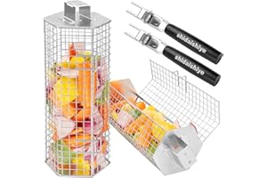 SHIDAISHIYE Cesta Parrilla Barbacoa, Accesorios Barbacoa con Mango Extraíble, Utensilios Barbacoa Inoxidable Apilable, Utensilios BBQ para Verduras Pescado,Exterior Camping, Regalos Originales para Hombres (2 P)