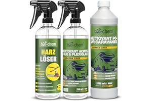BIO-CHEM CLEANTEC Bio-Chem - Set de 3 Produits d'entretien pour caravanes de Camping - 1L Produit nettoyant pour Camping-Car + Vaporisateur pour résine 750mL + Produit vitre et Pare-Brise 750mL