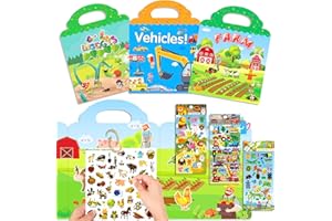SWPEED Reusable Sticker Books Toys for 2 3 4-Year-Old Boys Girls, Birthday Gifts 3 Pack Reusable Clear Stickers for 2-5 Old Kids with 3 Colorful 3D Sticker Books Learning Toys (Transportation+Farm+Insect)