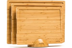 SMIRLY Wood Chopping Boards for Kitchen Wooden Cutting Board Set Reversible with Deep Juice Grooves Grip Handles, Large Charcuterie Tray, Kitchen Gadgets, Bamboo, 3Pcs with Holder