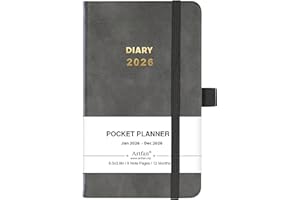 ARTFAN 2026 Pocket Diary - A6 Diary 2026 from January 2026 to December 2026, Week to View Diary with Inner Pocket, Grey Leather Cover