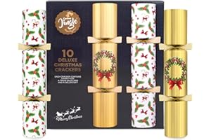 CHRISTMAS JINGLE Deluxe Gold & White Holly Christmas Crackers – 10 x 14" Luxury Recyclable Crackers with Quiz Card, Party Hat & Premium Gift – Elegant Gold Holly Table Decoration for Festive Celebrations