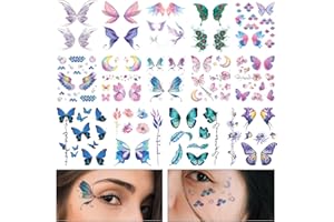 TOYMIS 14 Hojas Pegatinas de Tatuaje Mariposa, Resistente al Agua Tatuajes Temporales Cara Arte Corporal Tatuajes de Purpurina para Mujeres Niñas Festivales Cosplay Ojos Maquillaje Facial