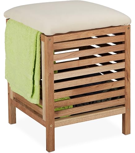 60014 Tabouret de salle de bain avec panier à linge 2 en 1 avec
