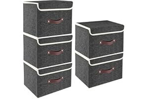 TYEERS Collapsible Storage Box with Lid, Fabric Storage Box for Clothes, Wardrobe Storage, 38x25x25 cm, Set of 5, Black