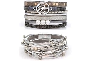 Suyi Multilayer Leather Bracelet Set 2 Pieces Beads Wrap Bracelet Wrist Cuff Bangles with Magnetic Buckle for Women